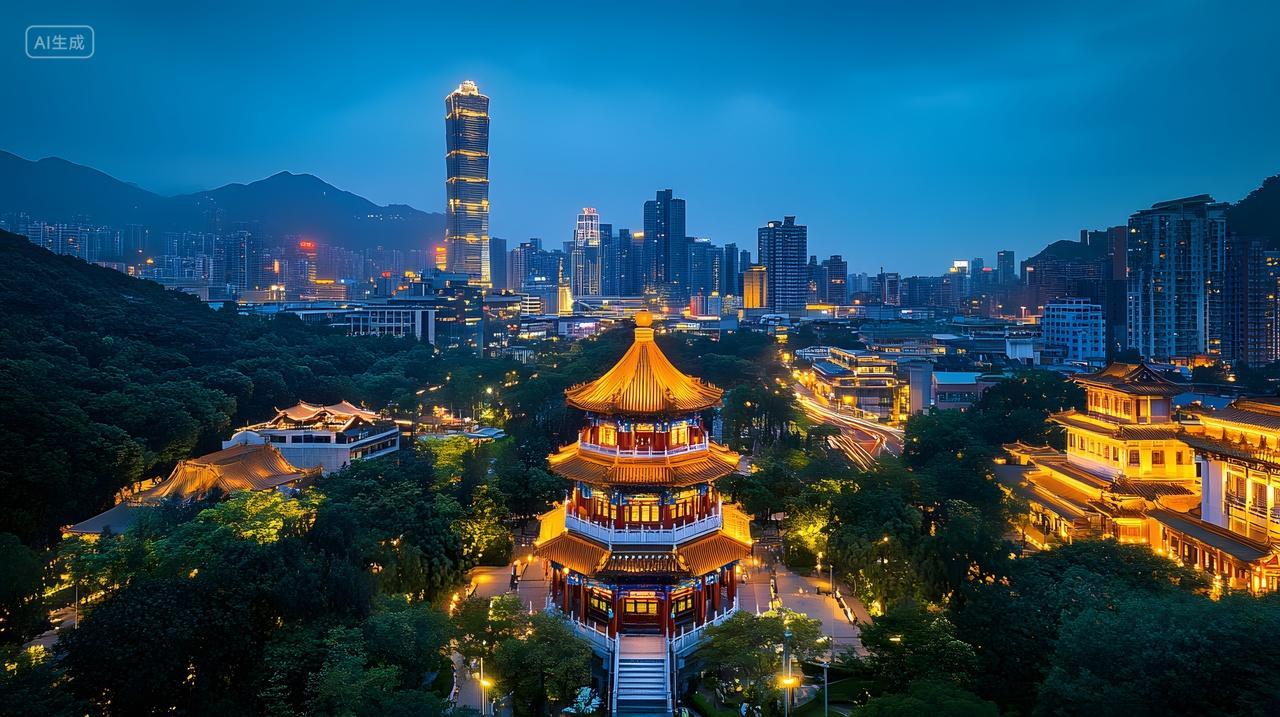 城市夜景中国传统建筑与现代高楼交相辉映