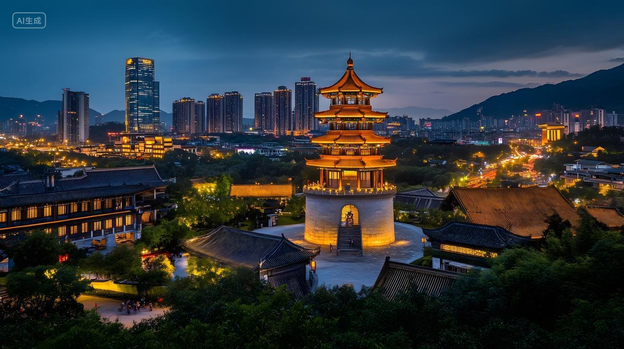 夜晚灯光照耀下的中国传统塔与现代城市风光