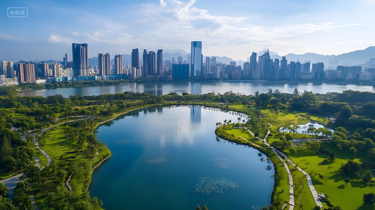 城市公园湖泊与现代高楼全景风光