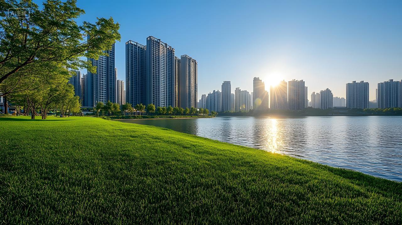 城市公园湖畔绿地与现代高楼日落景观