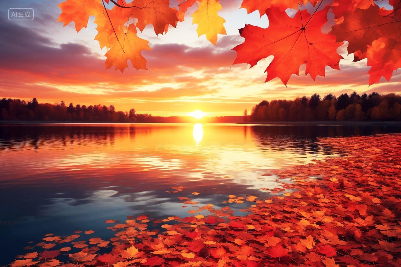 秋天夕阳下的红枫落叶