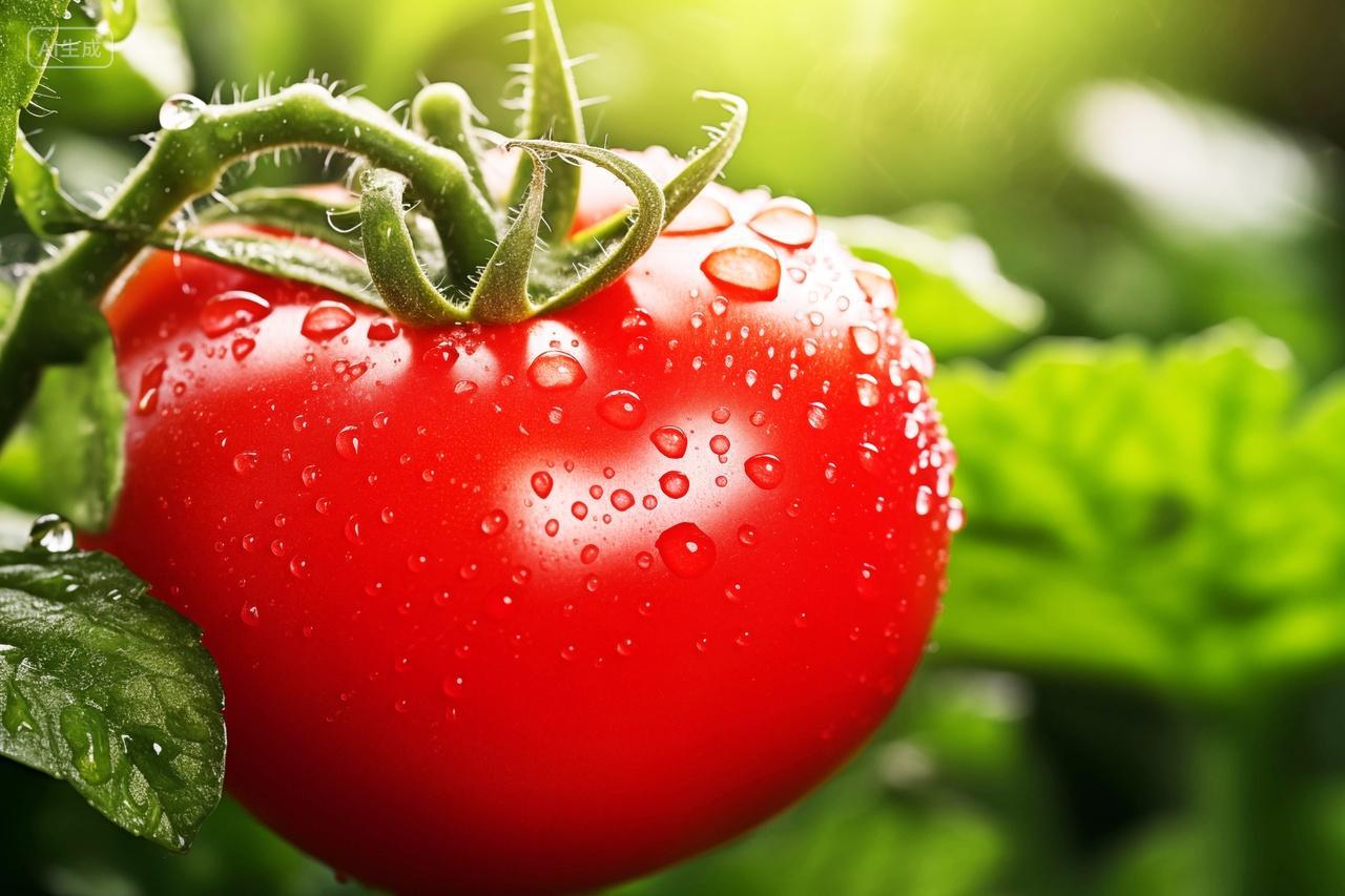 阳光下沾满水珠的唯美西红柿蕃茄农业有机水果特写