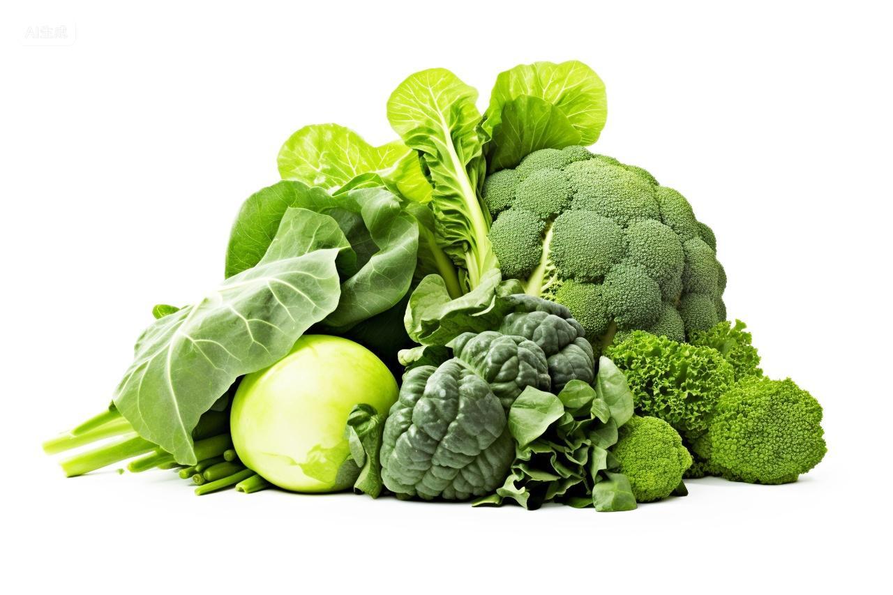 白色背景上堆放的绿色蔬菜