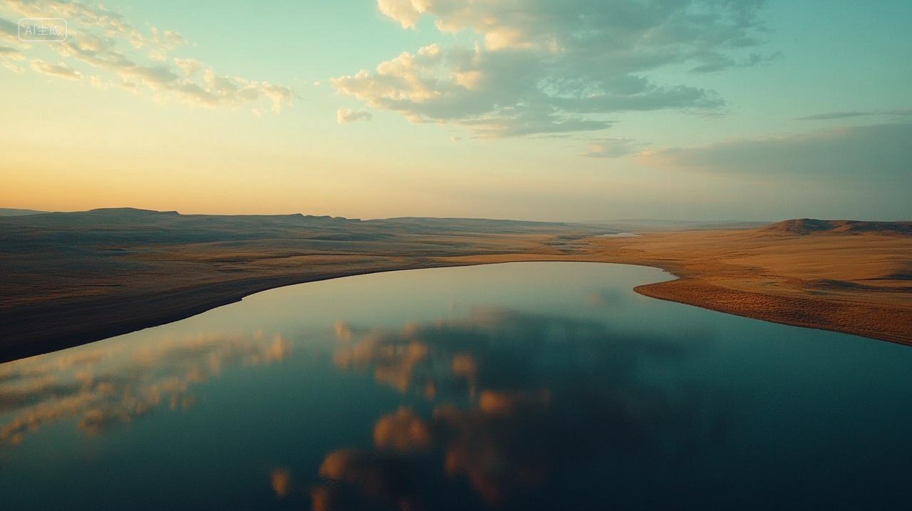 秋季初秋雨后黄昏沙漠湖泊倒影人间仙境立秋秋分秋天素材插画
