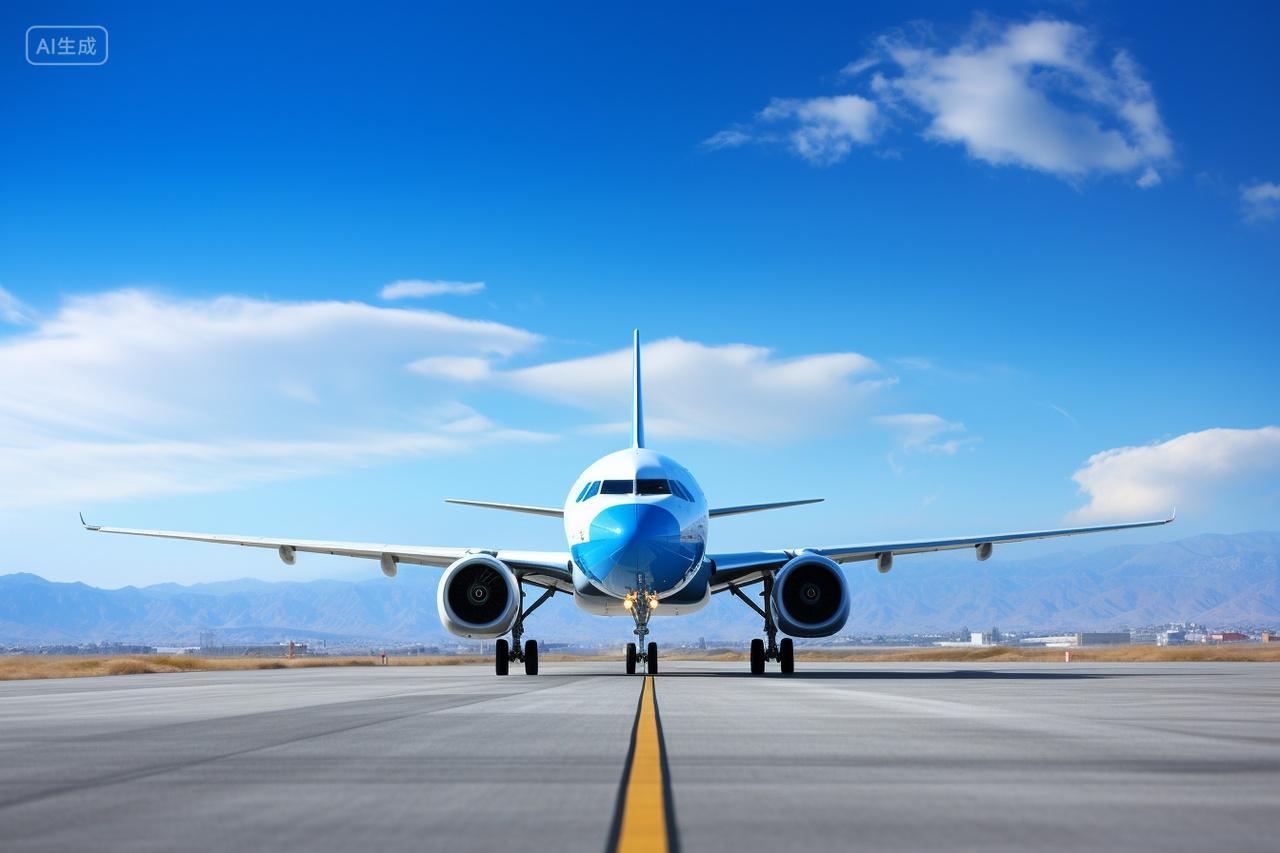 蓝天下准备起飞的客机特写镜头航空运输