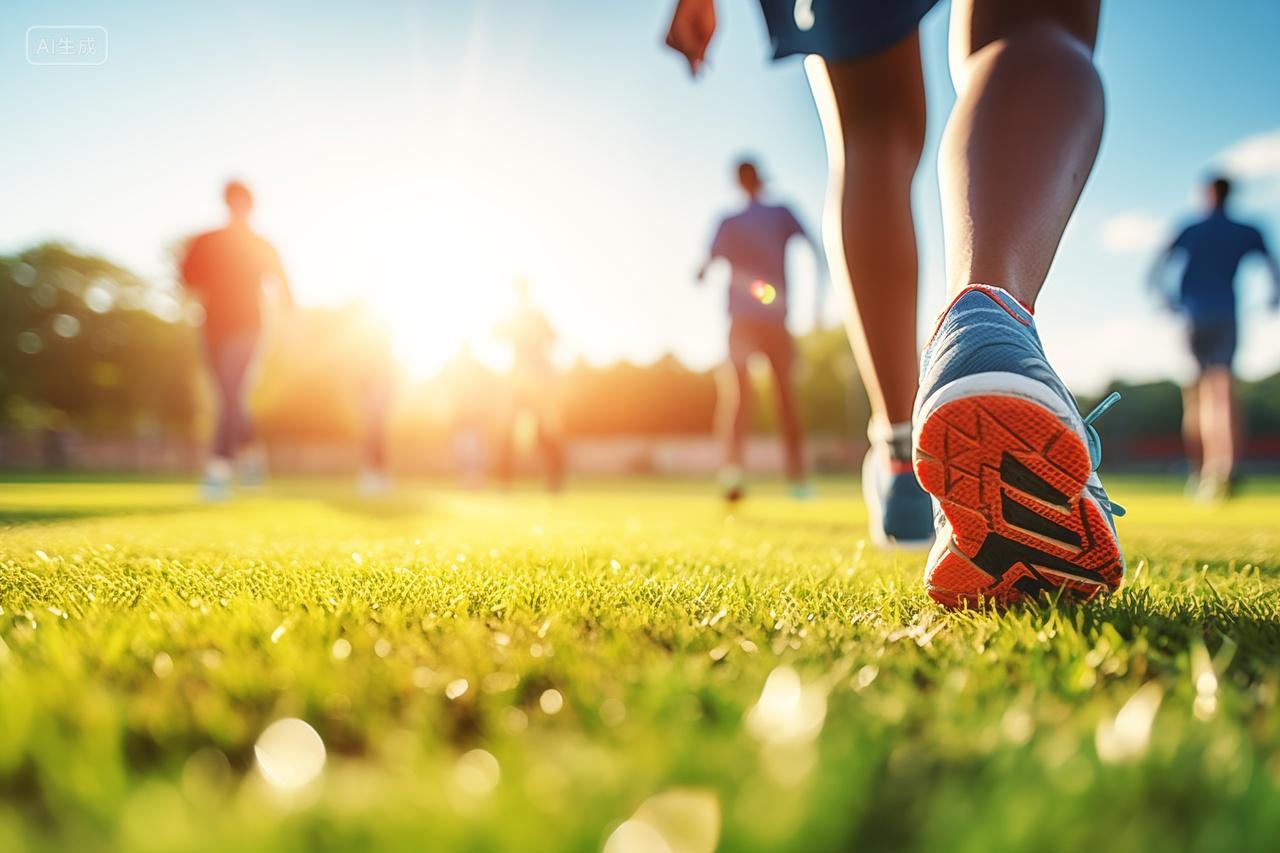 跑步脚部特写背影脚步鞋子夕阳逆光健康运动