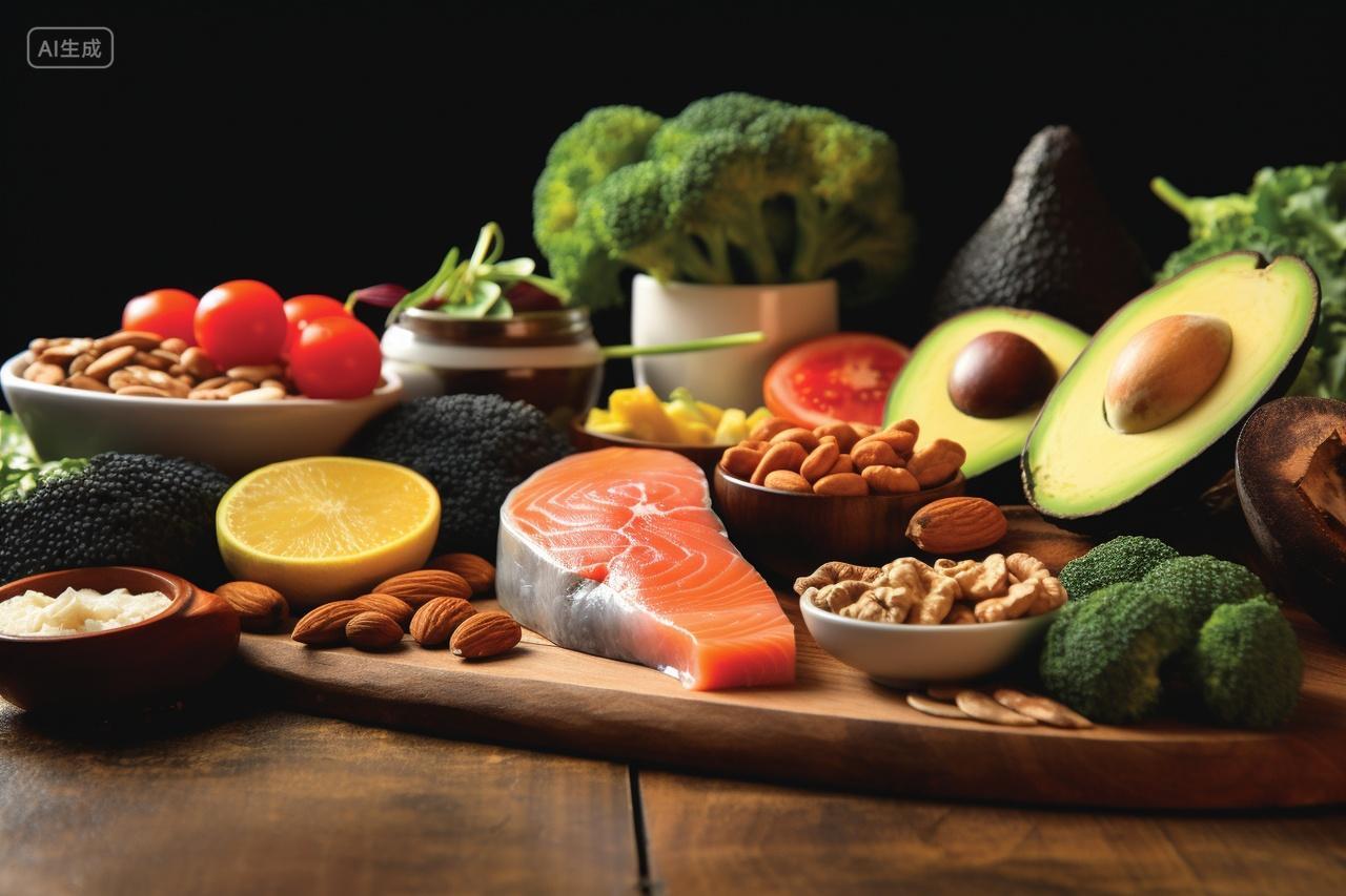 黑色背景前堆放的各种有机蔬菜瓜果鱼肉农产品