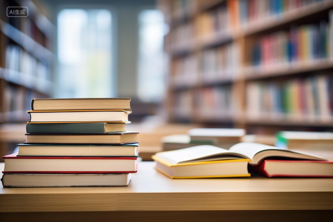 读书馆里桌面上摆放的书籍文化建设