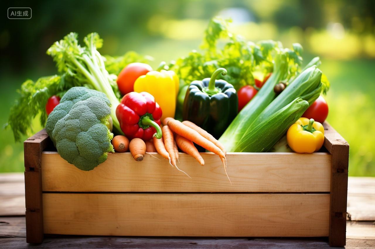 装在木框子里的菜蔬食材蔬菜水果果蔬新鲜食材绿色有机食品