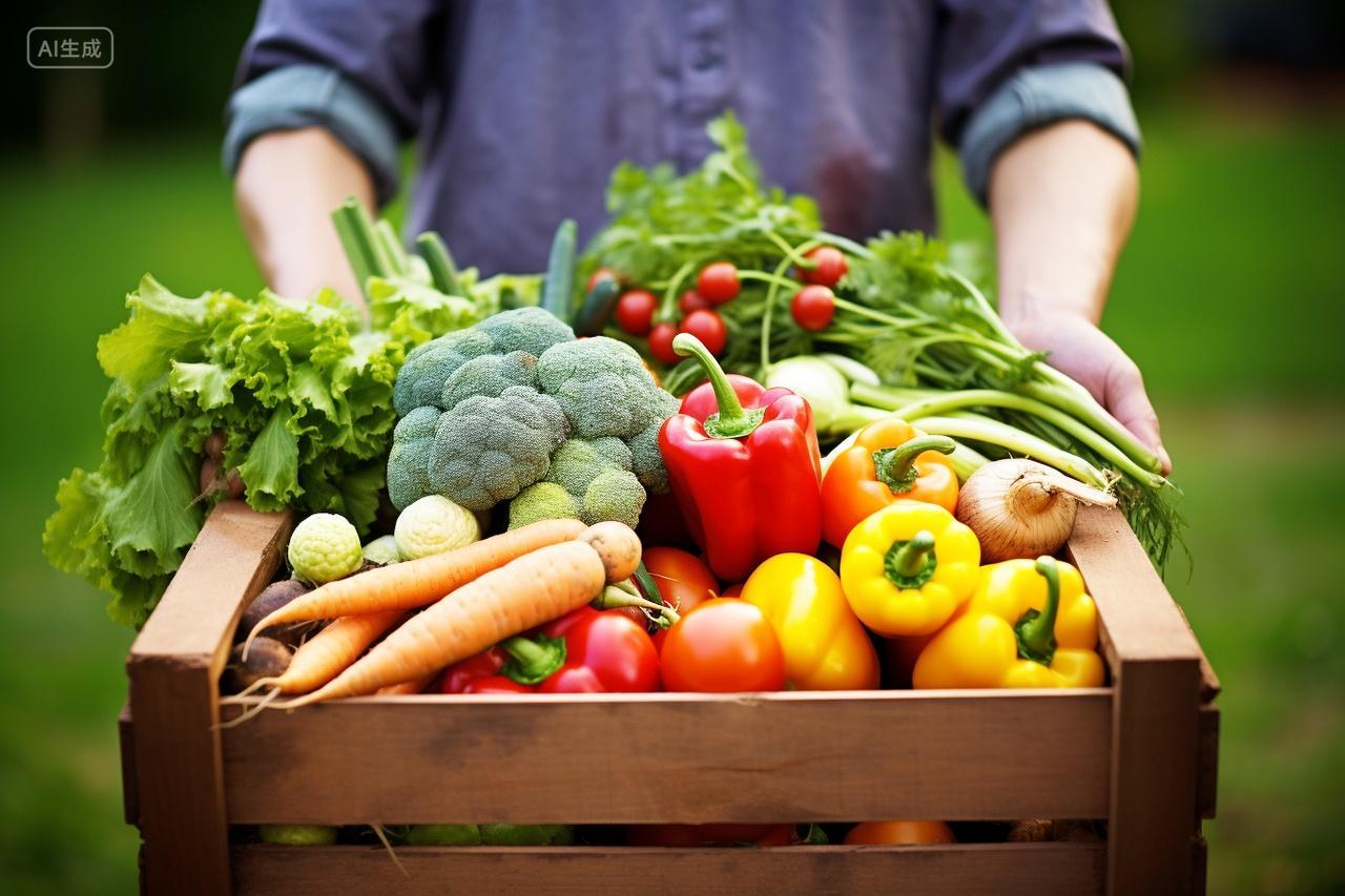 男子手里端着的各种绿色有机蔬菜农产品食品安全