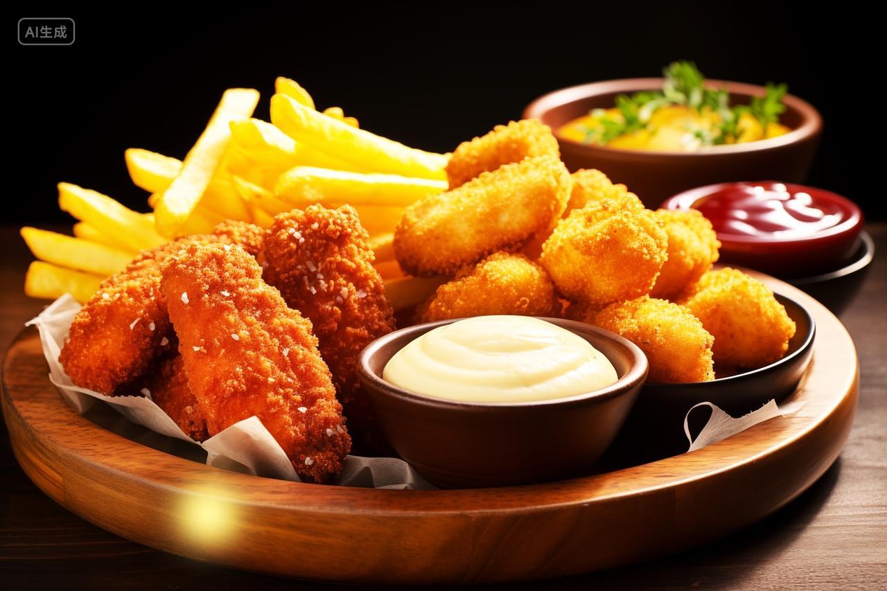 黑色背景上的炸鸡配炸薯条和盘子里的面包特写宣传片