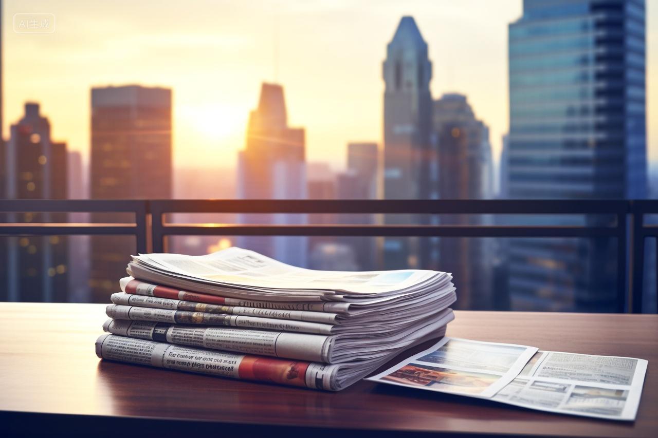 夕阳下城市建筑背景前桌面上堆放的新闻报纸