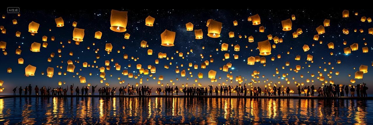 中秋节日海上孔明灯背景插画素材