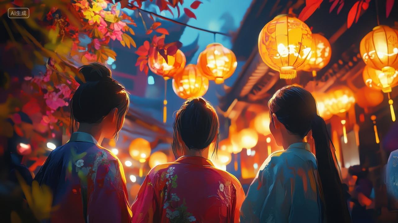 穿着汉服逛夜市的女人背影