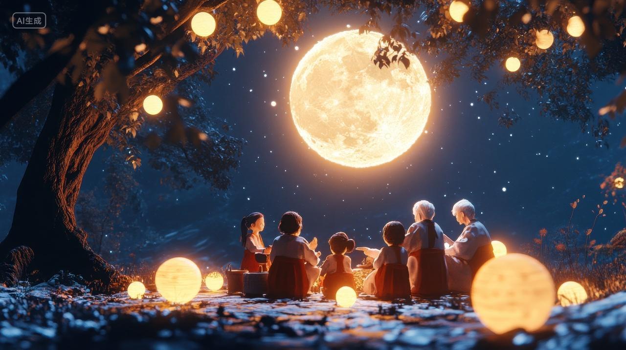 中秋节月光下一起团圆的一家人