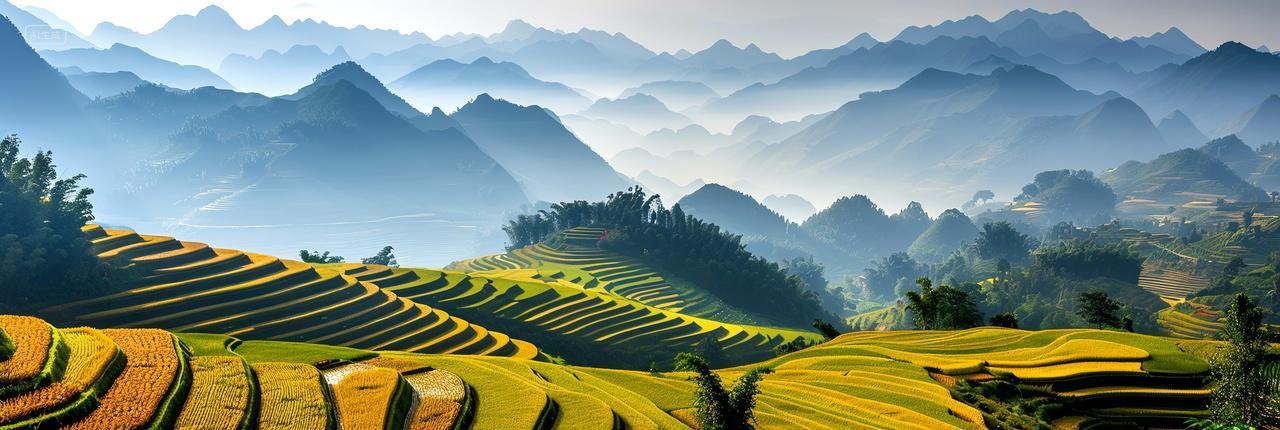 秋天金黄稻田山脉航拍丰收自然风光