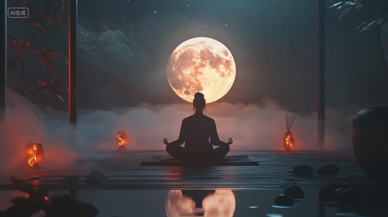 坐在月光下冥想的人物背影