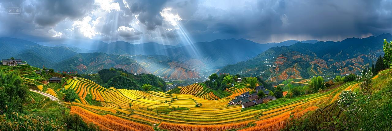 秋天金黄稻田山脉航拍丰收自然风光