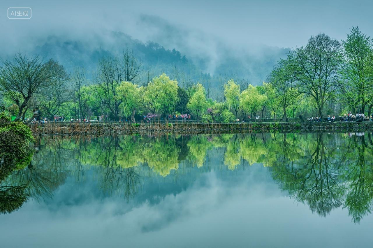 安徽黄山市黟县宏村南湖春季风光