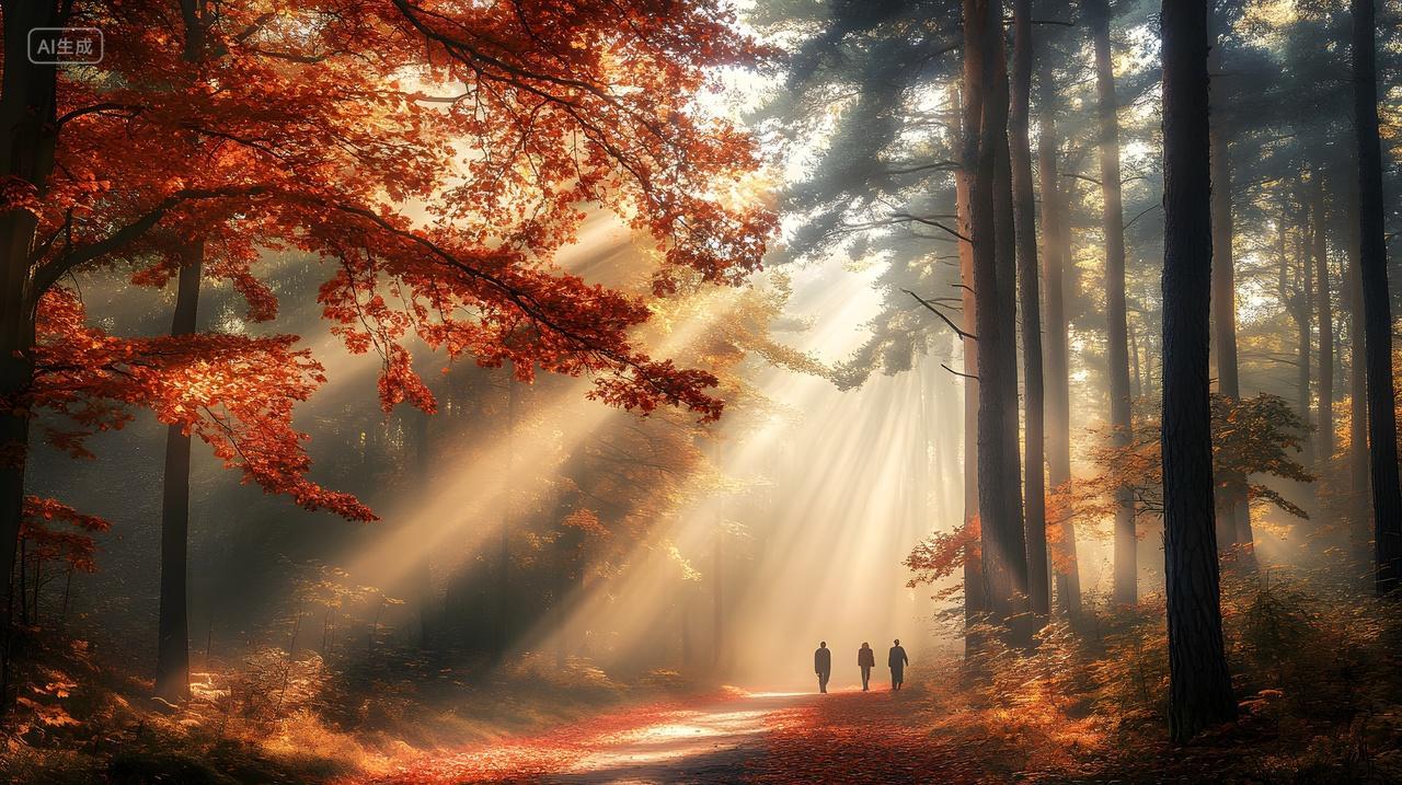 秋日晨光中的林间漫步自然风景