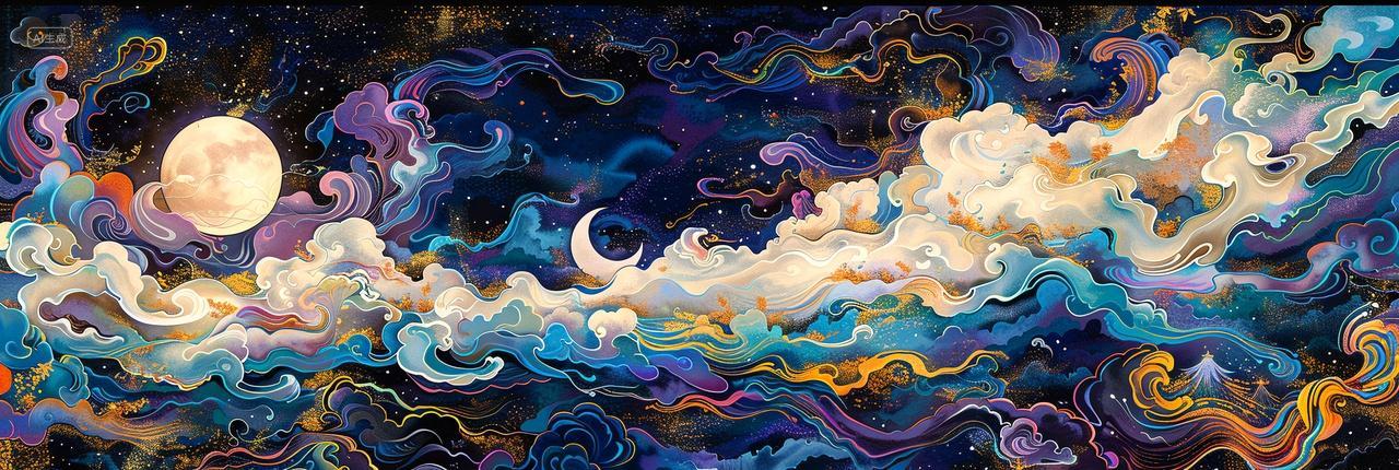 中秋蓝金色天空海洋星空背景海报素材