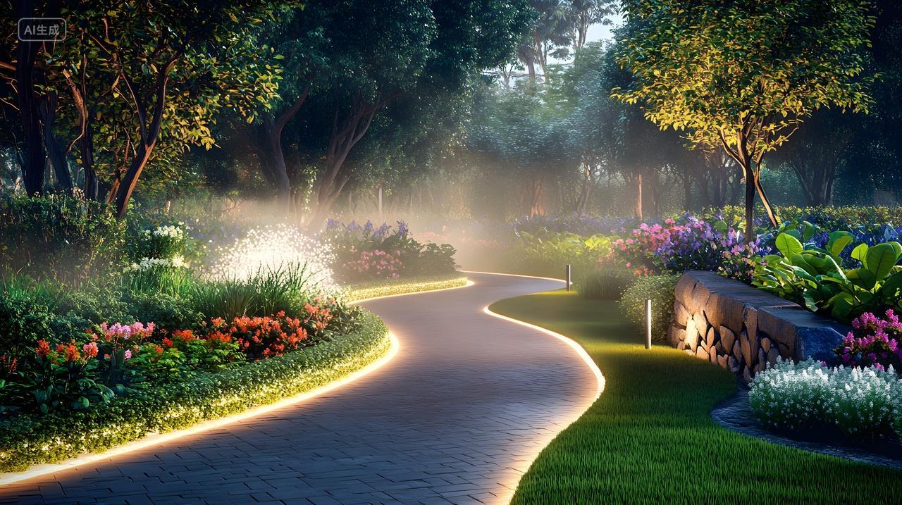 灯光照亮的雾中园林小道风景