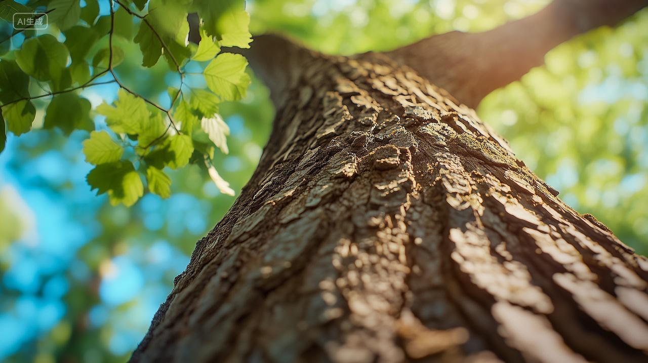 仰拍一颗绿色大树树木树干