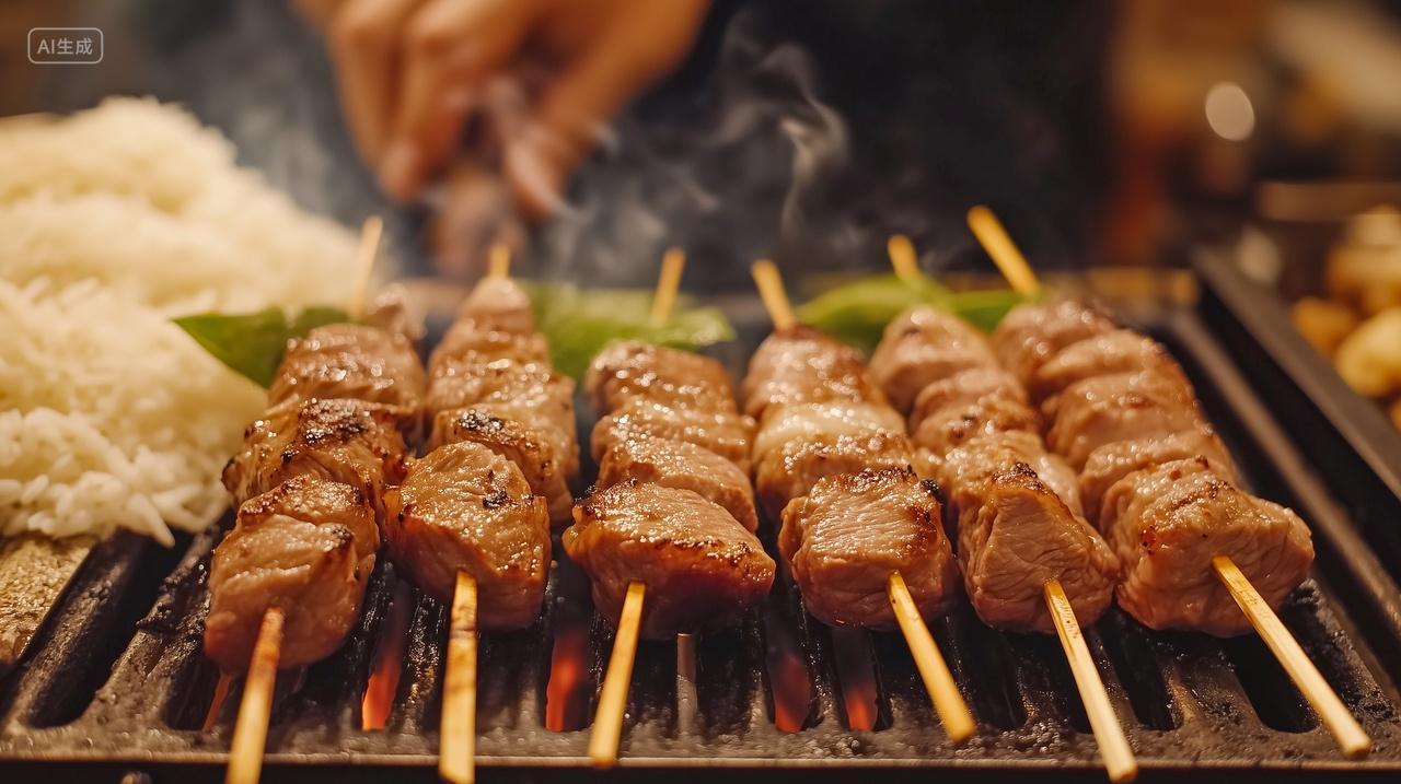 烧烤架上的羊肉串美食