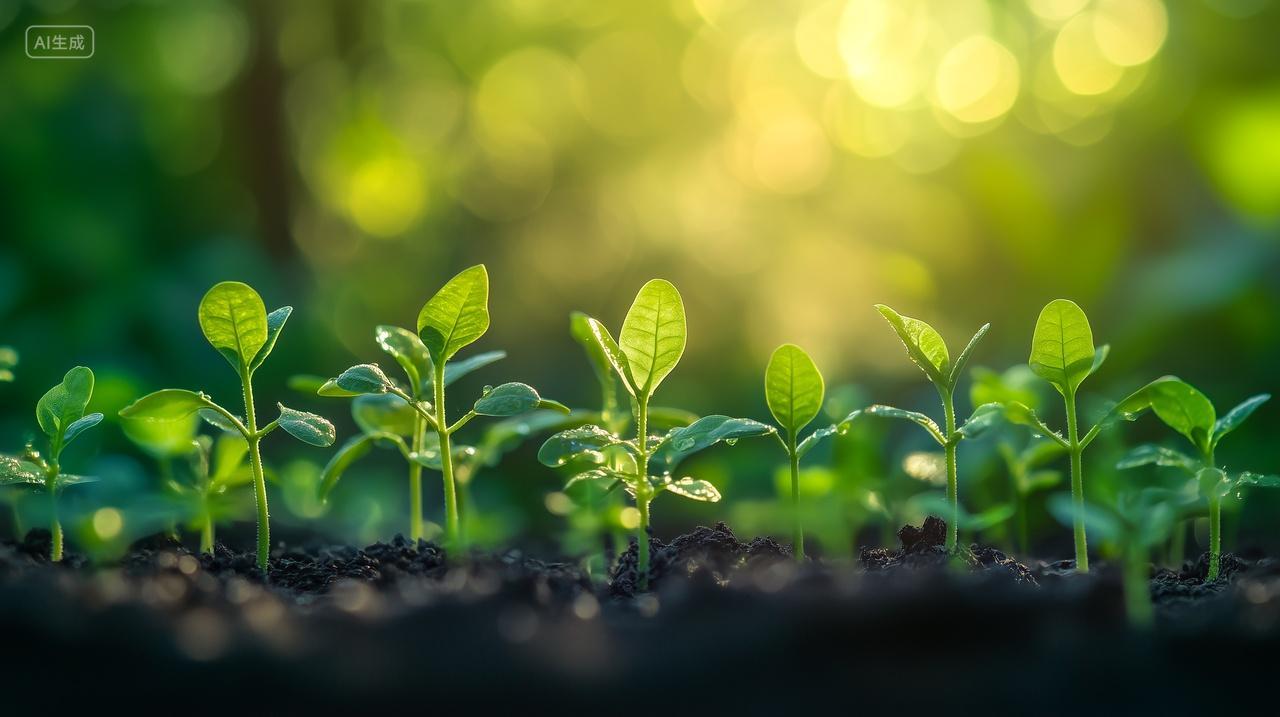 逆光阳光照在绿色植物茁壮成长