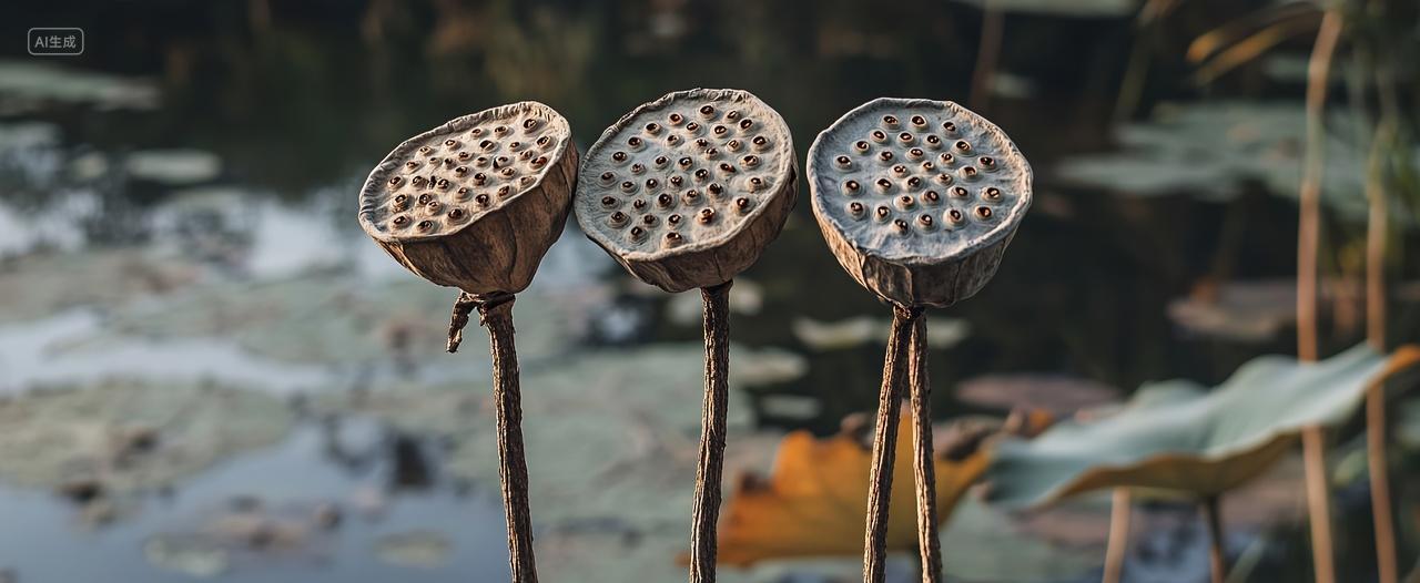 几株莲蓬在池塘里