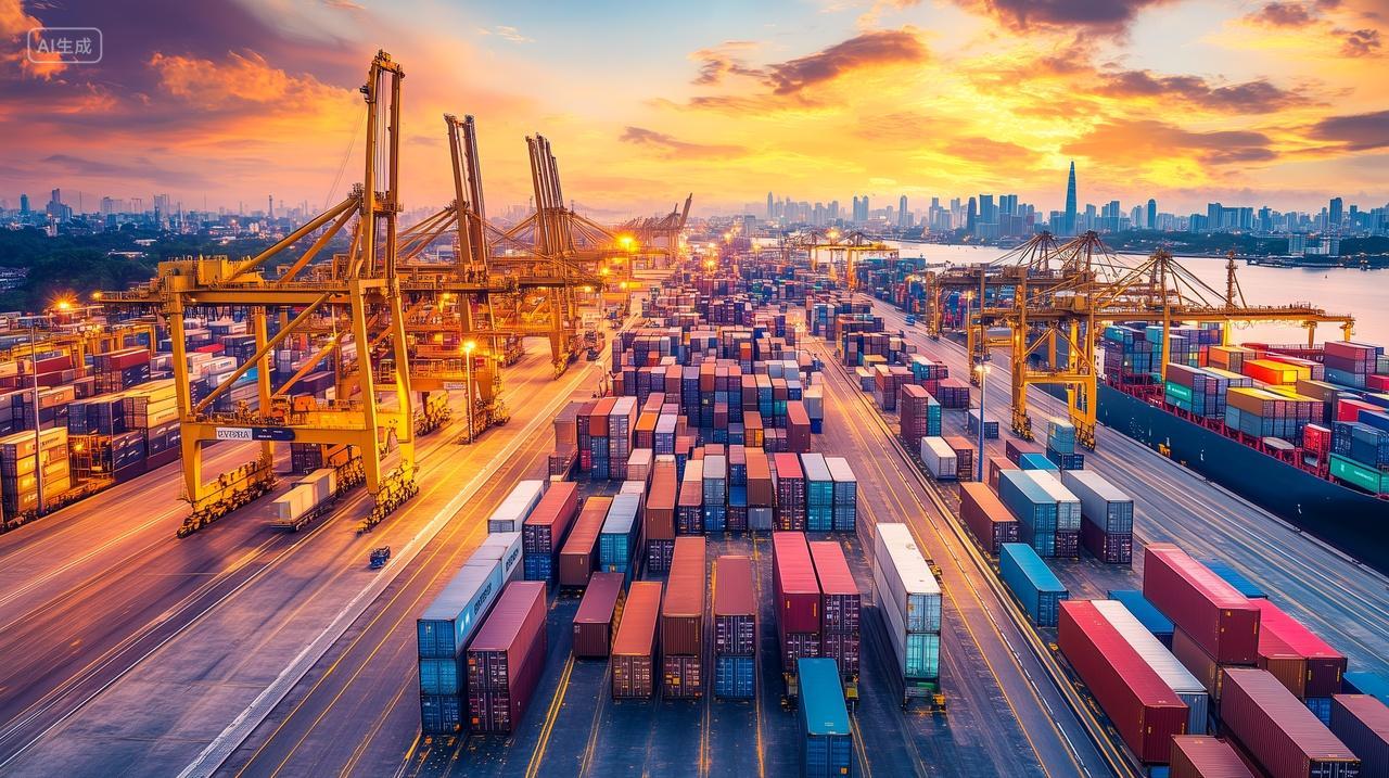 黄昏时分集装箱繁忙码头物流运输
