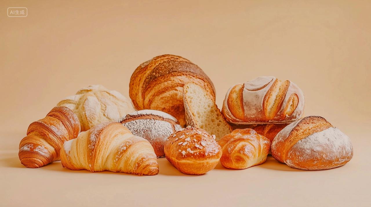 橙色底图上的一对牛角面包食物