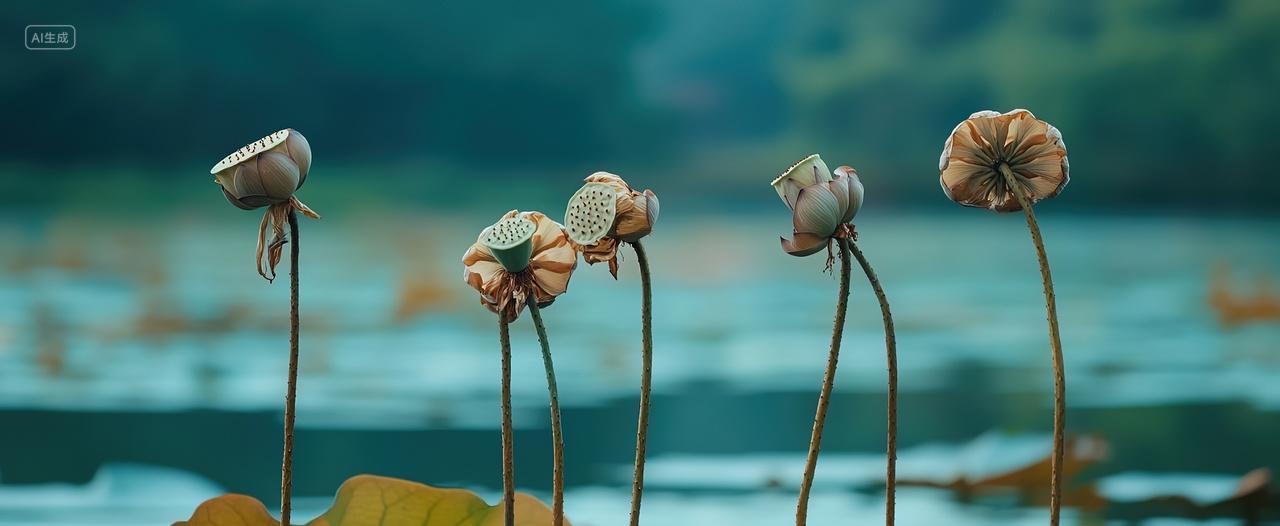 几株莲蓬在池塘里