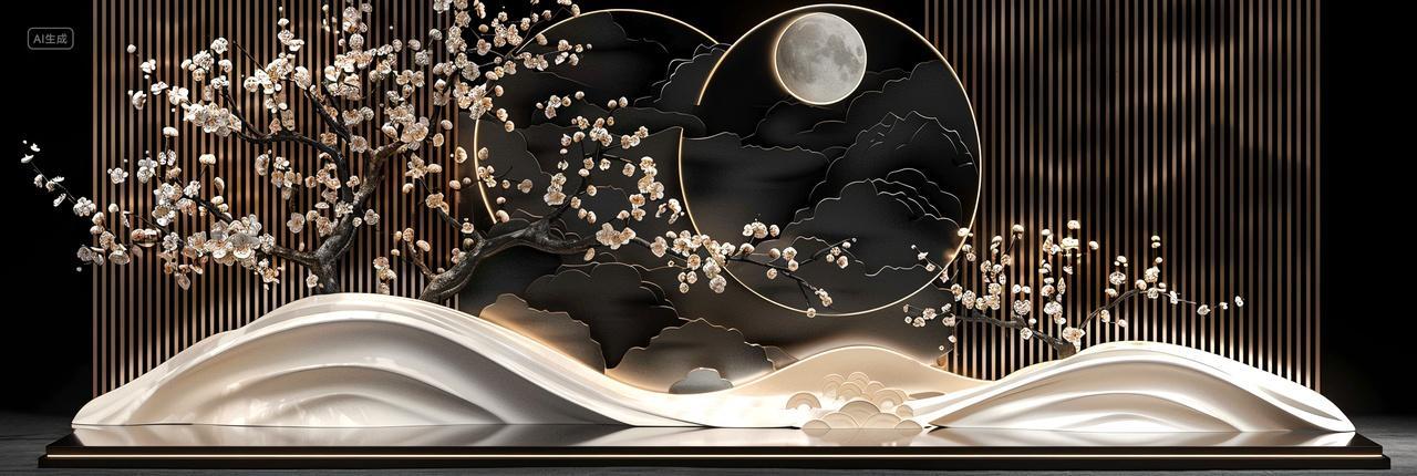 中秋节创意国风建筑空间背景展示台