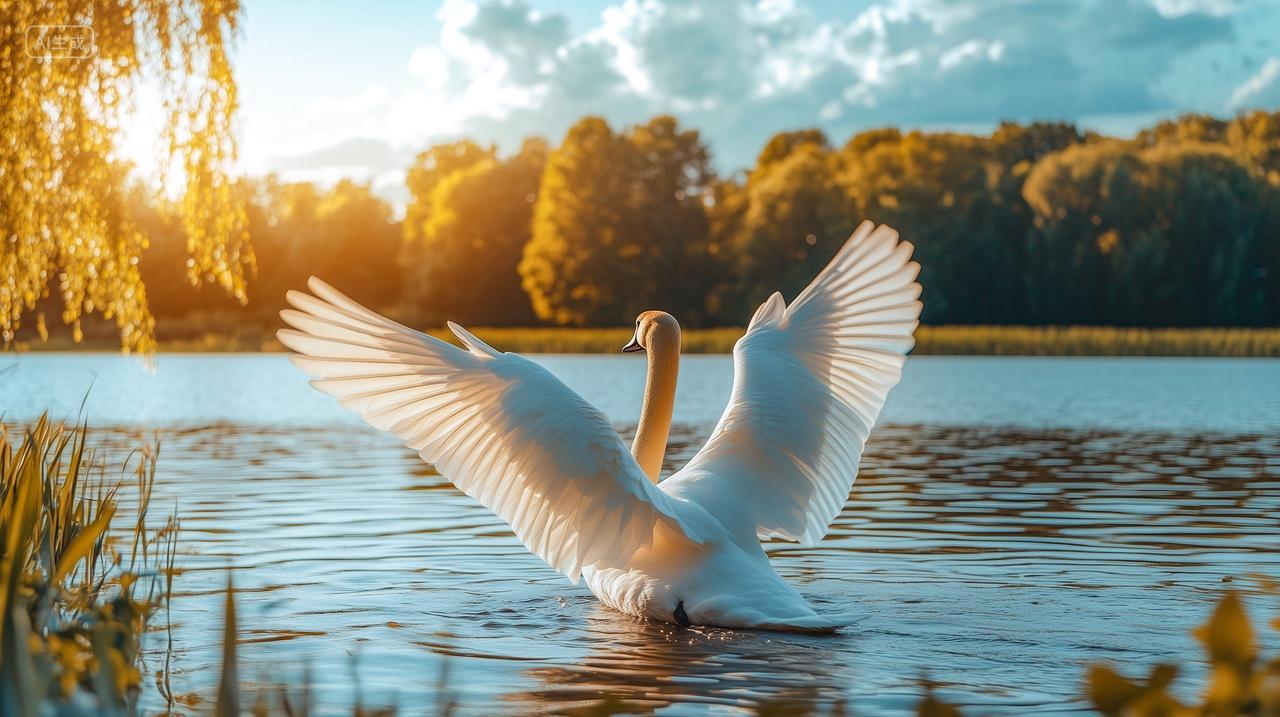 蓝天白云唯美湖水天鹅拍打翅膀
