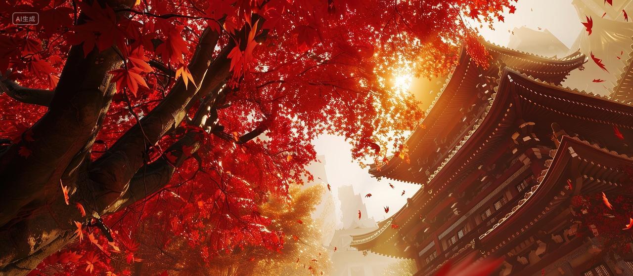 红枫树和中式建筑背景