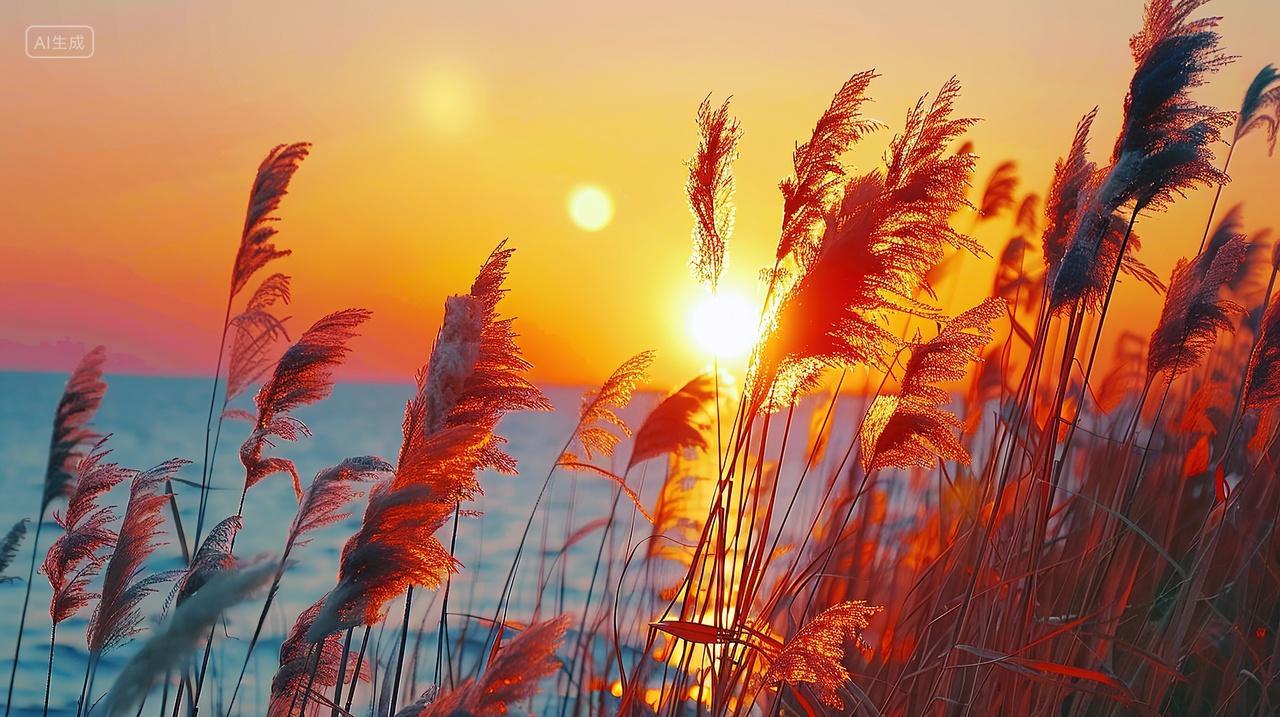 唯美夕阳江面芦苇背景