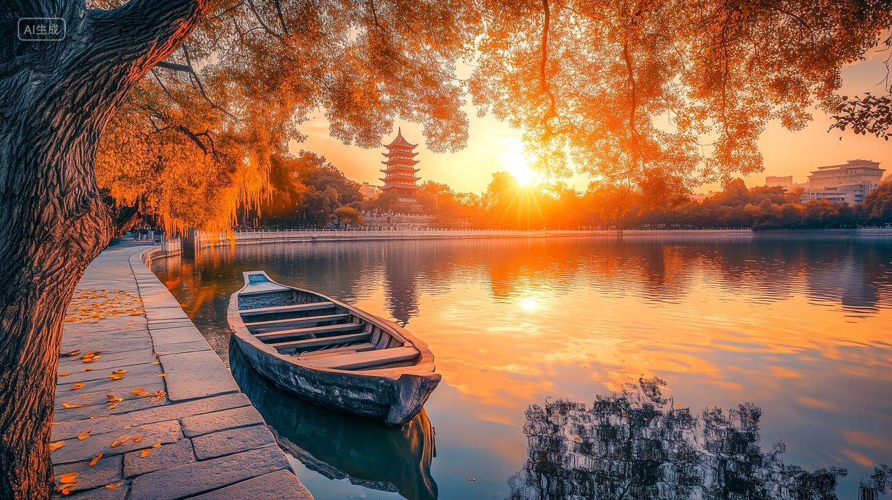 北京大学未名湖秋天湖水小船