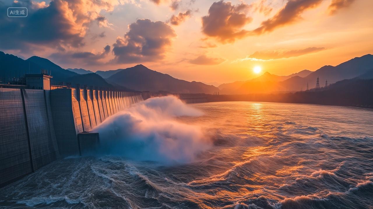 唯美夕阳下的三峡大坝泄洪中国水利