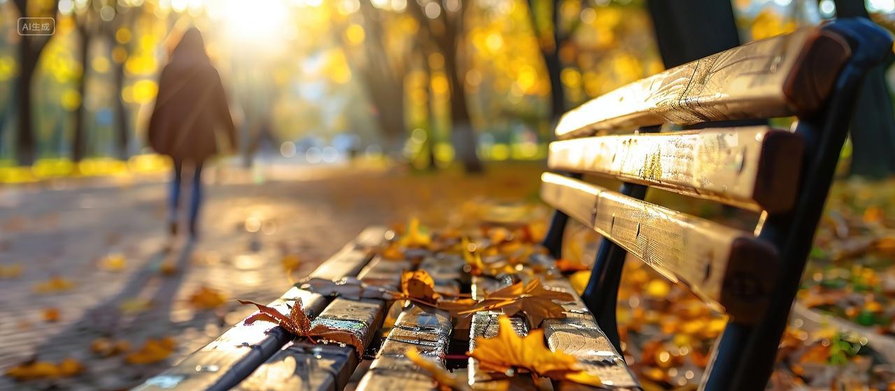 公园里的长椅上铺满了落叶