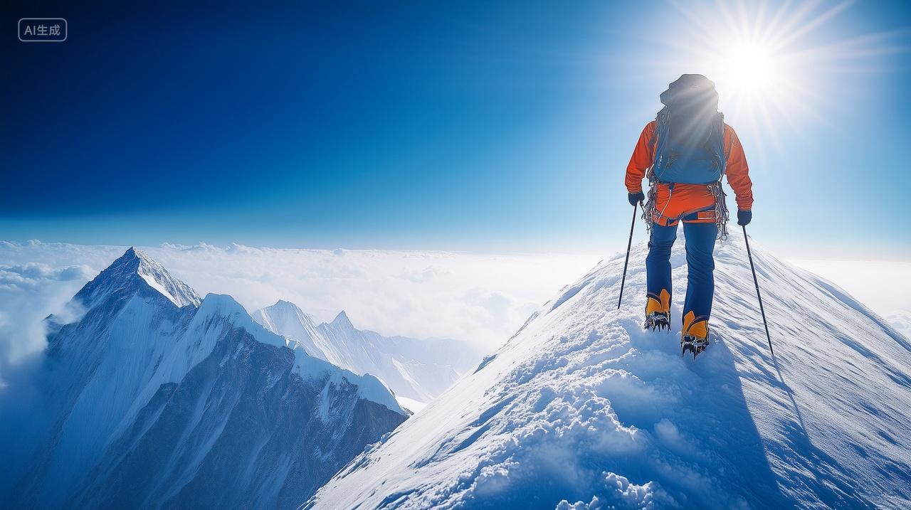 登上雪山山顶克服困难登山成功