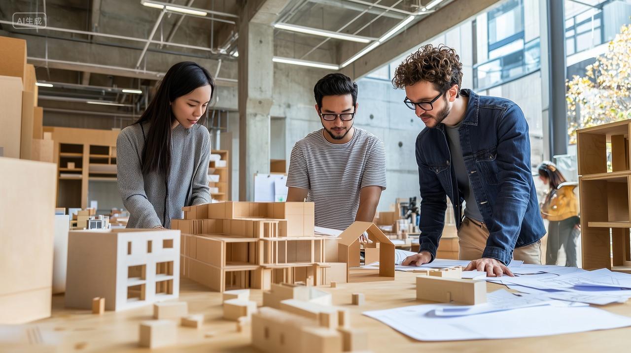 设计师们在搭建建筑设计模型与设计图纸