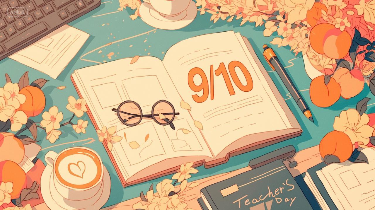 教师节打开的书与眼镜书边环绕花朵温馨老师文字9/10可爱卡通插画