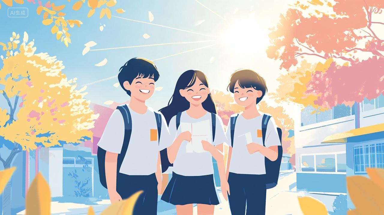 开学季可爱学生欢声笑语并排上学温馨青春学习高考毕业季素材插画