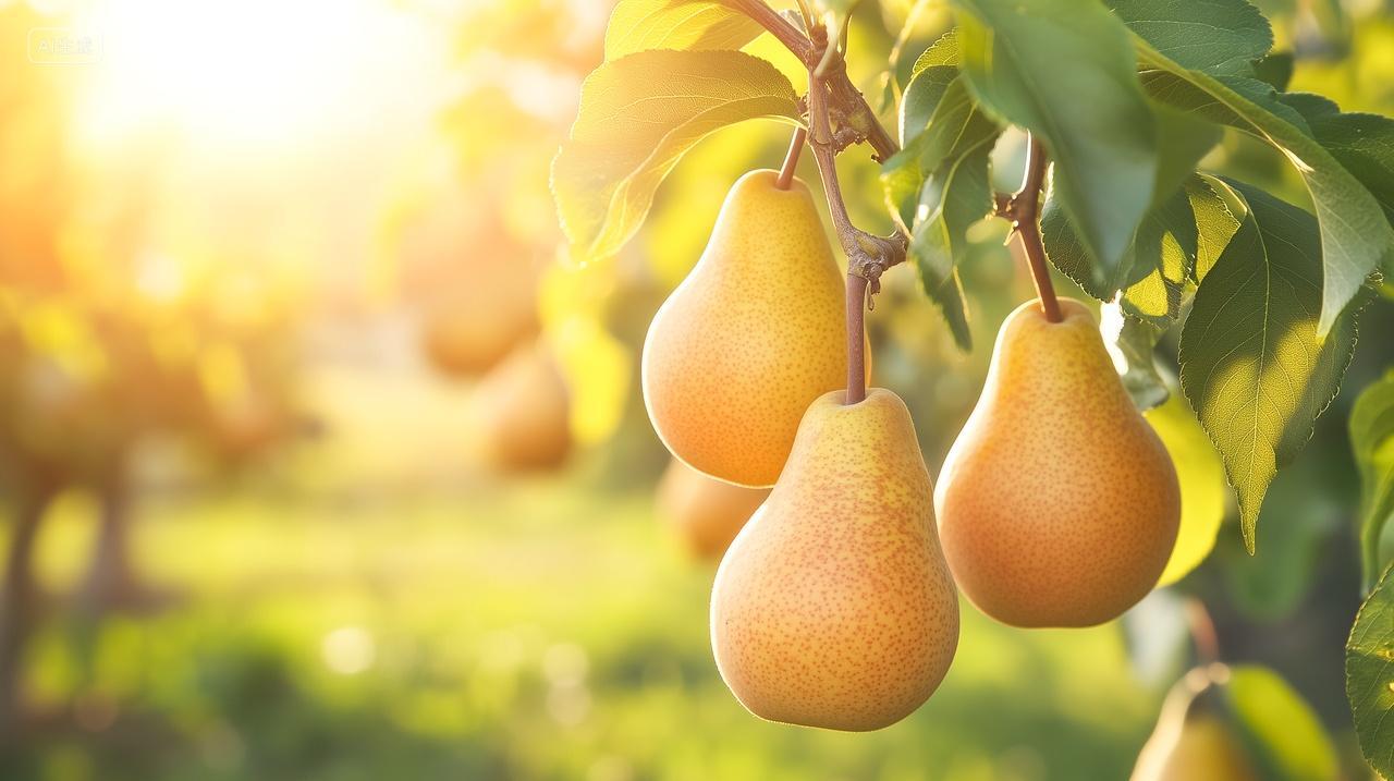 农业水果阳光照射在唯美果园梨树梨子上