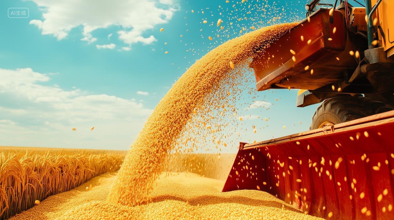 农业蓝天白云下金黄麦穗田地收割机收割小麦