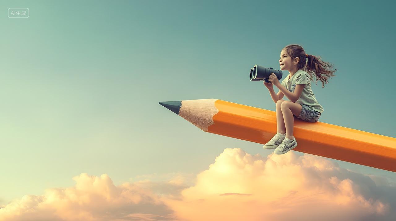 女孩坐在铅笔上看望远镜的创意插画