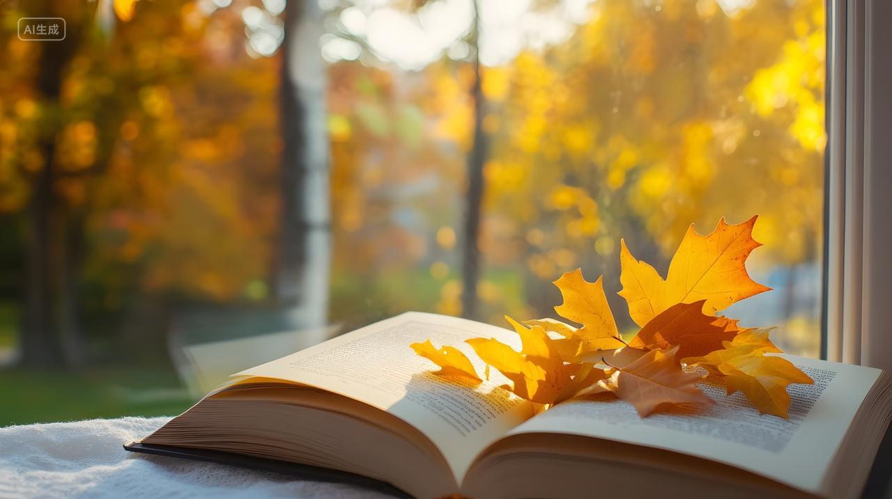秋日窗边的书本和枫叶风景