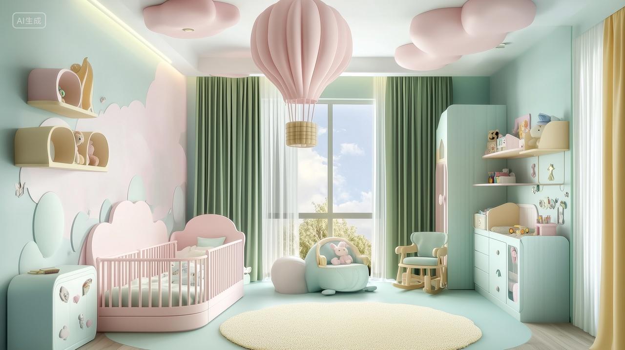 粉绿色热气球主题婴儿房设计