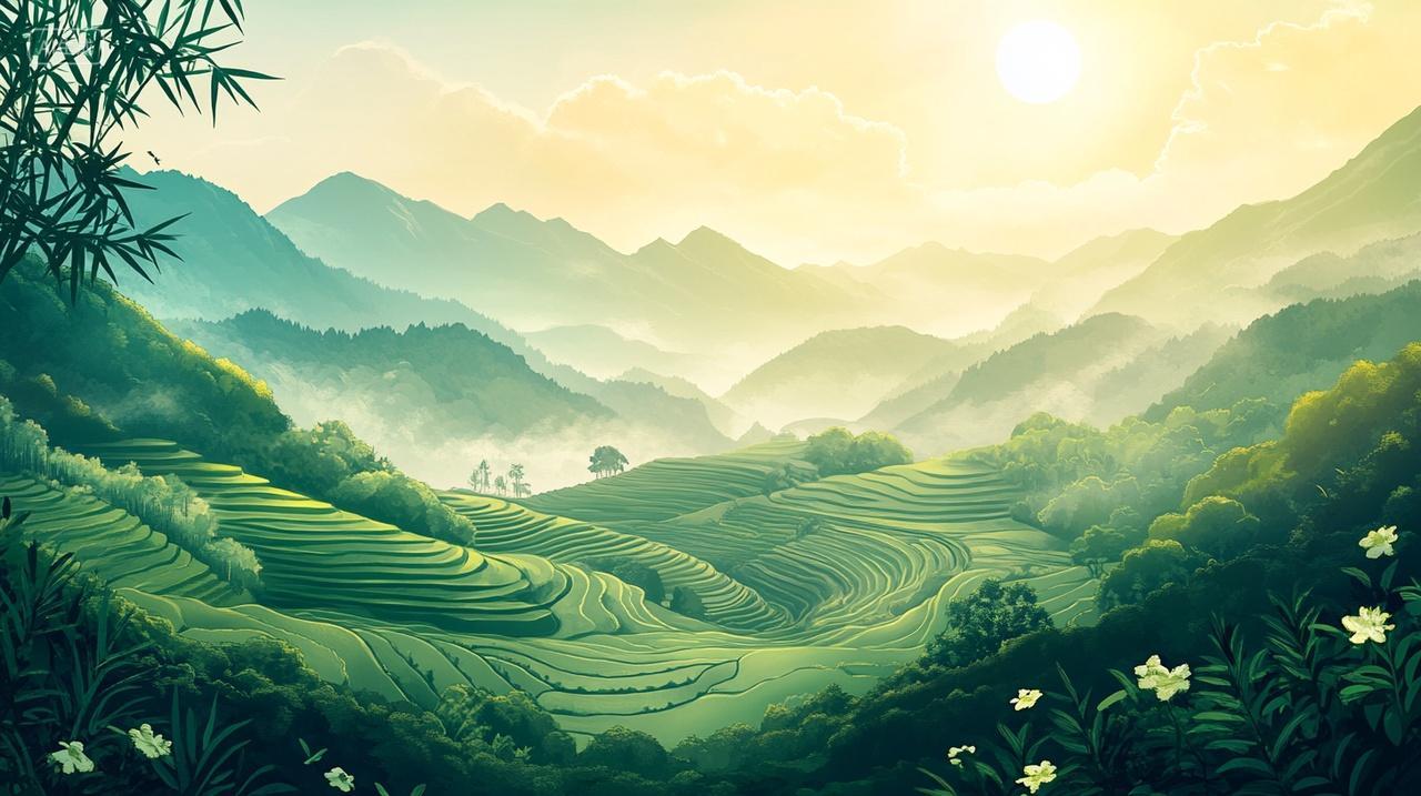 秋季春光明媚山峦叠嶂云雾缭绕梯田立秋秋季秋天春分秋分素材插画